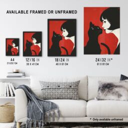 "Artery8 Black Cat Lover Lady & Pet Bold Red Retro Style Wall Art Print - Size: W18"" x H24""" - thumbnail 3