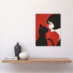 "Artery8 Black Cat Lover Lady & Pet Bold Red Retro Style Wall Art Print - Size: W18"" x H24""" - thumbnail 4