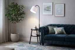 Lighting Collection Ridge Shelf Floor Lamp Black Metal Wood & White Fabric