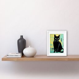 "Artery8 Wall Art Print Black Cat Colour Linocut Teal Blue Yellow Simple Feline Vintage Ad Style Artwork Framed 9X7 Inch in White - Size: W7"" x H9""" - thumbnail 2