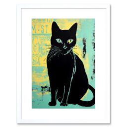 "Artery8 Wall Art Print Black Cat Colour Linocut Teal Blue Yellow Simple Feline Vintage Ad Style Artwork Framed 9X7 Inch in White - Size: W7"" x H9""" - thumbnail 1