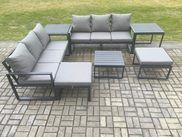 Fimous Aluminium 8 Seater Outdoor Garden Furniture Lounge Sofa Set with Square Coffee Table 2 Side Tables 2 Big Footstools Dark Grey - image 1