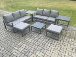 Fimous Aluminium 8 Seater Outdoor Garden Furniture Lounge Sofa Set with Square Coffee Table 2 Side Tables 2 Big Footstools Dark Grey - thumbnail 2
