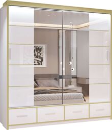 MN Furniture High Gloss Sliding Mirror Wardrobe - LED Light 203cm x 220cm in White - Size: 203 cm x 220 cm - thumbnail 2