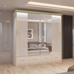 MN Furniture High Gloss Sliding Mirror Wardrobe - LED Light 203cm x 220cm in White - Size: 203 cm x 220 cm