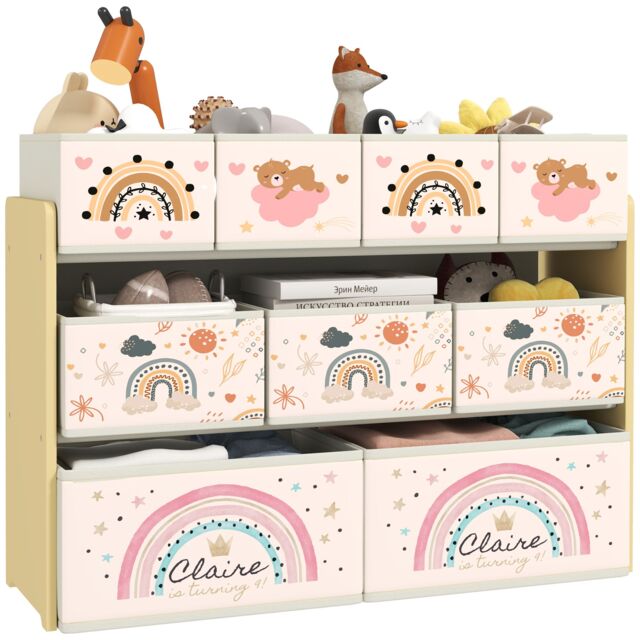 AIYAPLAY 3-Tier Toy Organiser Shelf with 9 Storage Boxes for Bedroom in Yellow