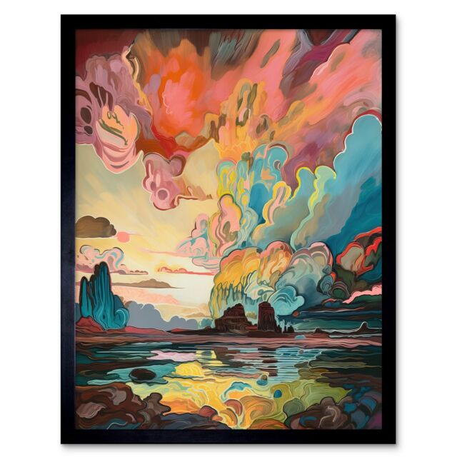 "Artery8 Wall Art Print Van Gogh Inspired Atmospheric Clouds Over Mono Lake at Dawn Modern Watercolour Painting Art Framed in Black - Size: W12"" x H16""" - image 1