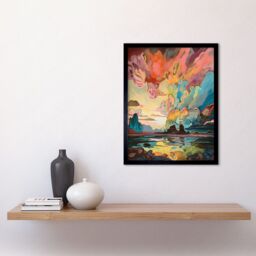 "Artery8 Wall Art Print Van Gogh Inspired Atmospheric Clouds Over Mono Lake at Dawn Modern Watercolour Painting Art Framed in Black - Size: W12"" x H16""" - thumbnail 2