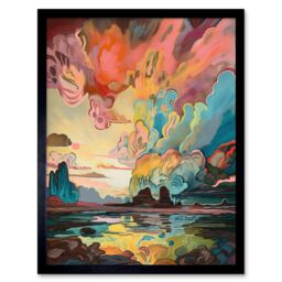 "Artery8 Wall Art Print Van Gogh Inspired Atmospheric Clouds Over Mono Lake at Dawn Modern Watercolour Painting Art Framed in Black - Size: W12"" x H16""" - thumbnail 1