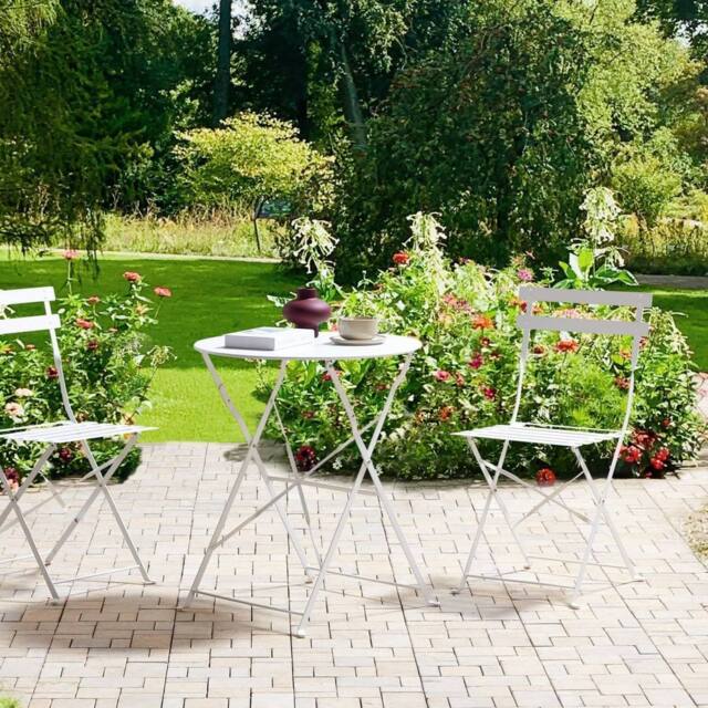 Wyld and Coco White 3-Piece Metal Folding Bistro Set - 2 Chairs and Table Steel - image 1