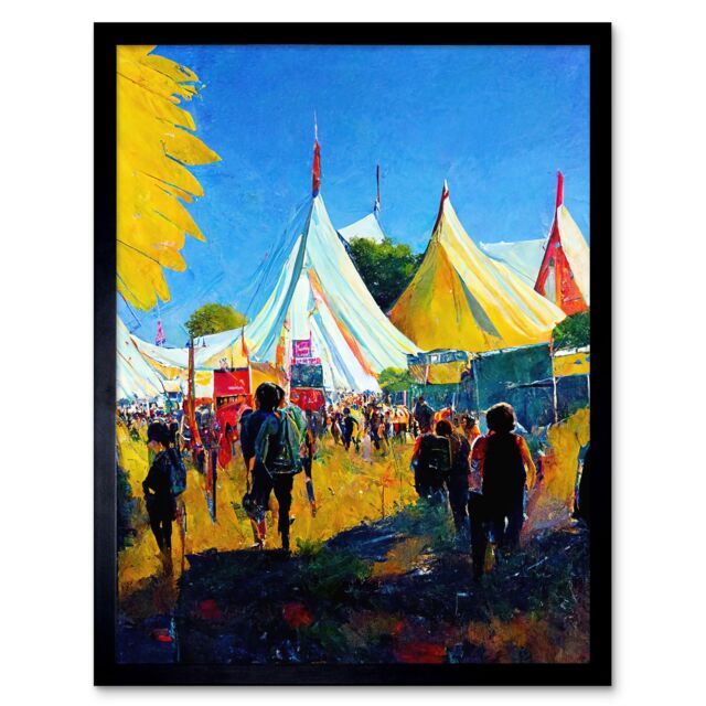 "Artery8 Wall Art Print Glastonbury Music Festival 1987 Morning Oil Painting Art Framed in Black - Size: W12"" x H16""" - image 1