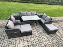 Fimous 9 Seater Garden Rattan Furniture Dining Table Sofa Set Indoor Outdoor with 2 Reclining Chairs 2 Side Tables 2 Big Footstool Dark Grey Mixed - thumbnail 2