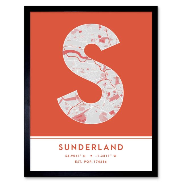 "Wee Blue Coo Wall Art Print Sunderland England United Kingdom City Map Modern Typography Stylish Letter Framed Word in Orange - Size: W12"" x H16"""