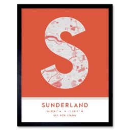 "Wee Blue Coo Wall Art Print Sunderland England United Kingdom City Map Modern Typography Stylish Letter Framed Word in Orange - Size: W12"" x H16""" - thumbnail 1