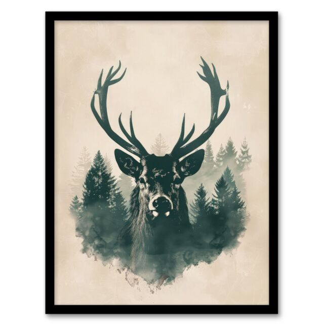 "Artery8 Wall Art Print Majestic Stag Head Forest Watercolour Design Art Framed Poster in Black - Size: W12"" x H16""" - image 1