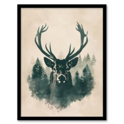 "Artery8 Wall Art Print Majestic Stag Head Forest Watercolour Design Art Framed Poster in Black - Size: W12"" x H16""" - thumbnail 1