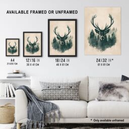 "Artery8 Wall Art Print Majestic Stag Head Forest Watercolour Design Art Framed Poster in Black - Size: W12"" x H16""" - thumbnail 3