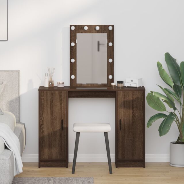 Berkfield Home Dressing Table with LED Lights¬†Brown Oak 102x33x135 cm in Brown - Size: 102 x 33 x 135 cm - image 1
