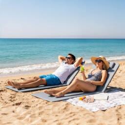 OUTSUNNY 2 Pieces Outdoor Beach Mat Steel Reclining Chair Set w/ Pillow in Grey - thumbnail 1