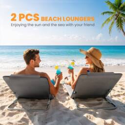 OUTSUNNY 2 Pieces Outdoor Beach Mat Steel Reclining Chair Set w/ Pillow in Grey - thumbnail 4
