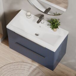 Balterley Fluted Wall Hung 2 Drawer Vanity Basin Unit & Basin 800mm - Satin Blue - thumbnail 3