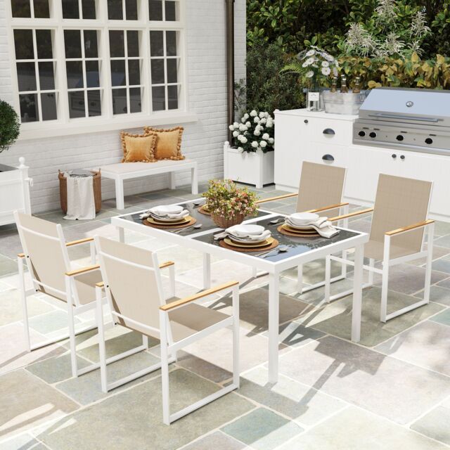 OUTSUNNY 5 Piece Garden Table & Chairs with Tempered Glass Table Top in Grey - image 1