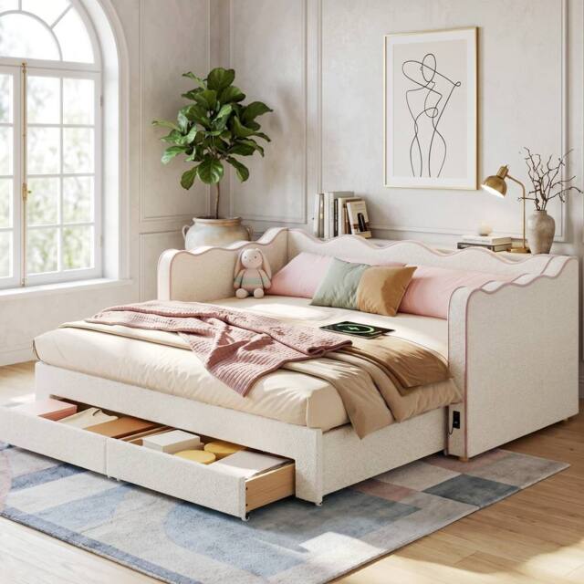 BTM Daybed Sofa Bed Trundle Storage Drawers USB Charging Boucle Beige Pink - Size: Single - image 1