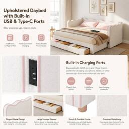 BTM Daybed Sofa Bed Trundle Storage Drawers USB Charging Boucle Beige Pink - Size: Single - thumbnail 7