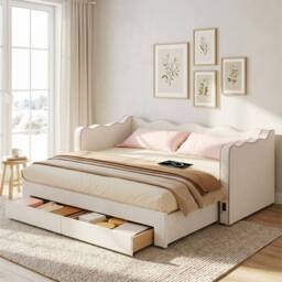 BTM Daybed Sofa Bed Trundle Storage Drawers USB Charging Boucle Beige Pink - Size: Single - thumbnail 3