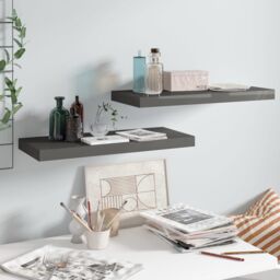 Berkfield Home Floating Wall Shelves 2 pcs High Gloss Grey 60x23.5x3.8 cm MDF - thumbnail 1