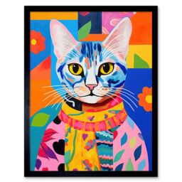Artery8 Wall Art Print The Cat in the Caftan Artwork Bold Bright Vibrant Modern Folk Art Acrylic Painting Kids Floral Pattern Art Framed - thumbnail 1