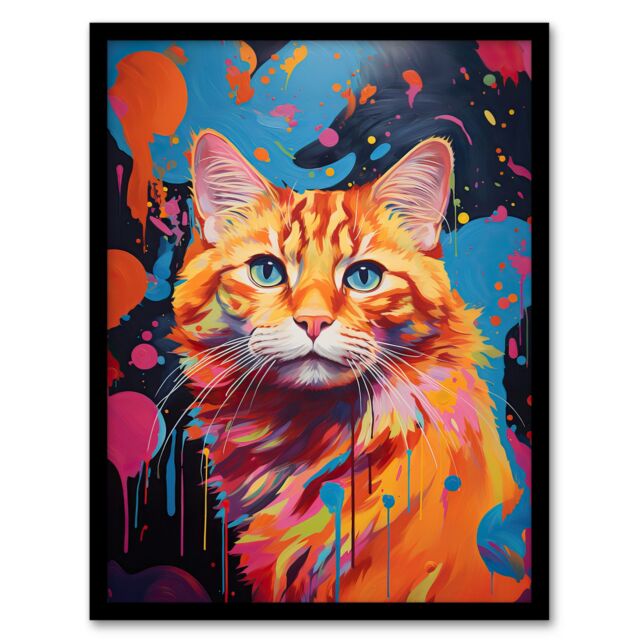 "Artery8 Wall Art Print Orange Tabby Cat Lover Gift Pet Portrait Abstract Pink Blue Artwork Painting Art Framed - Size: W12"" x H16""" - image 1