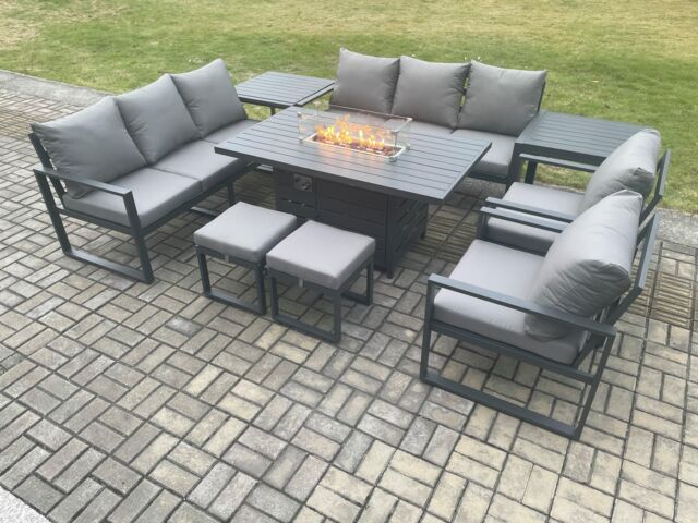 Fimous Aluminium Outdoor Garden Furniture Set Patio Lounge Sofa Gas Fire Pit Dining Table Set with 2 Small Footstools 2 Side Tables in Dark Grey - image 1