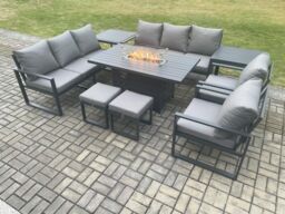 Fimous Aluminium Outdoor Garden Furniture Set Patio Lounge Sofa Gas Fire Pit Dining Table Set with 2 Small Footstools 2 Side Tables in Dark Grey - thumbnail 1