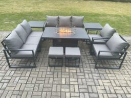 Fimous Aluminium Outdoor Garden Furniture Set Patio Lounge Sofa Gas Fire Pit Dining Table Set with 2 Small Footstools 2 Side Tables in Dark Grey - thumbnail 2