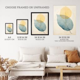 "Wee Blue Coo Wall Art Print Skeleton Leaves Blue II Leaf Veins Structure Pastel Colour Azure & Yellow Watercolour Painting Poster - Size: W18"" x H24""" - thumbnail 3