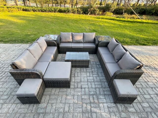 Fimous Rattan Lounge Sofa Set 12 Seater Outdoor Garden Furniture Set with Rectangular Coffee Table 3 Seater Sofa 2 Side Tables 3 Footstools - image 1
