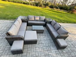 Fimous Rattan Lounge Sofa Set 12 Seater Outdoor Garden Furniture Set with Rectangular Coffee Table 3 Seater Sofa 2 Side Tables 3 Footstools - thumbnail 2