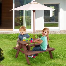 Costway 3 in 1 Picnic Table Outdoor Activity Table w/ Removable Umbrella in Brown - thumbnail 3