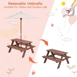 Costway 3 in 1 Picnic Table Outdoor Activity Table w/ Removable Umbrella in Brown - thumbnail 2