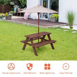 Costway 3 in 1 Picnic Table Outdoor Activity Table w/ Removable Umbrella in Brown - thumbnail 4