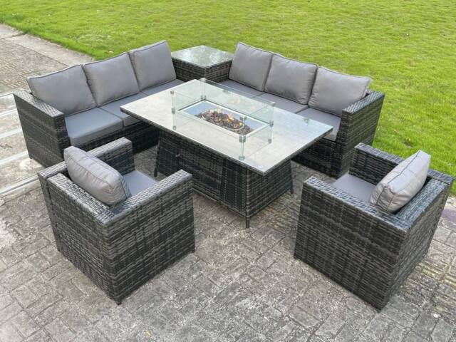 Fimous PE Rattan Garden Corner Furniture Gas Fire Pit Table Sets Gas Heater Lounge Chair in Dark Grey - image 1