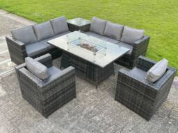 Fimous PE Rattan Garden Corner Furniture Gas Fire Pit Table Sets Gas Heater Lounge Chair in Dark Grey - thumbnail 1