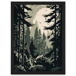 Artery8 Pine Tree Forest Sunrise Landscape Illustration Artwork Framed Wall Art Print A4 in Black - thumbnail 1
