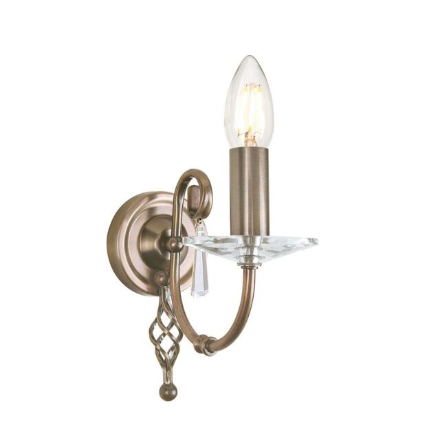 Loops Wall Light Cut Glass Droplets Swirl Finial Aged Brass LED E14 60W in Clear
