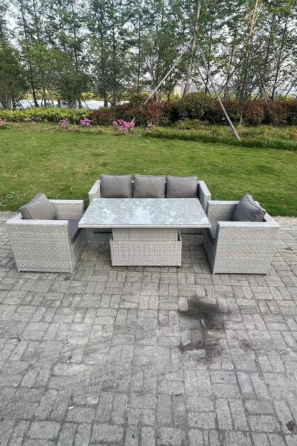 Fimous Rattan Garden Funiture Set Height Adjustable Rising Lifting Table Sofa Dining Set With 2 Arm Chair in Light Grey - image 1