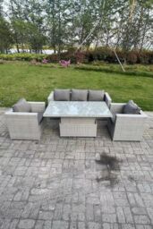 Fimous Rattan Garden Funiture Set Height Adjustable Rising Lifting Table Sofa Dining Set With 2 Arm Chair in Light Grey - thumbnail 2