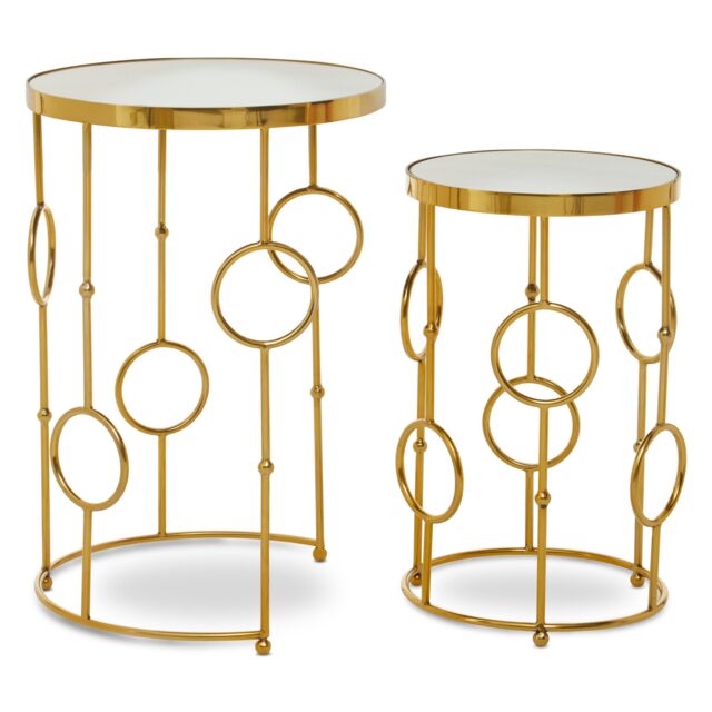 Orsina Set Of 2 Circle Pattern Side Table, Bedside Table With Mirrored Tops, Sleek Metallic Nesting Table in Gold - image 1