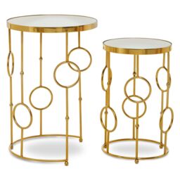 Orsina Set Of 2 Circle Pattern Side Table, Bedside Table With Mirrored Tops, Sleek Metallic Nesting Table in Gold