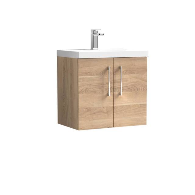 Balterley Contemporary Bathroom Wall Hung 2 Soft-Close Door Vanity Unit with Mid-Edge Ceramic Basin, Bleached Oak, 600 mm in Brown - image 1